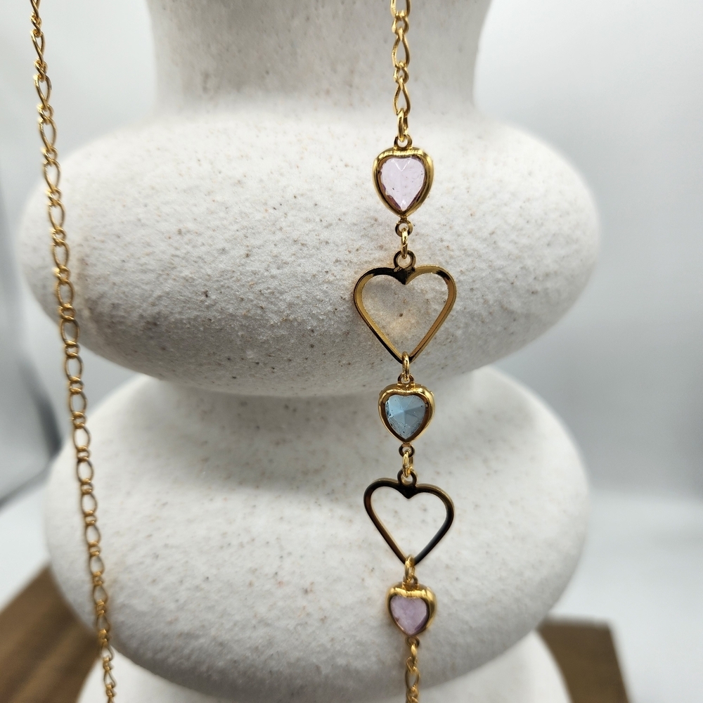 Long Goldtone Necklace w/ Lovely Pink & Blue Hearts • 18"